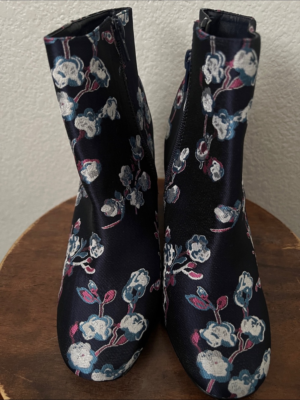 Floral Embroidered Navy Ankle Boots - Women's